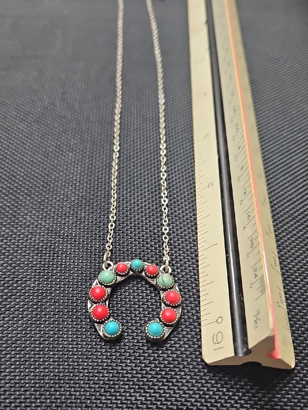 Antiqued Silver Faux Turquoise Coral Horseshoe Necklace